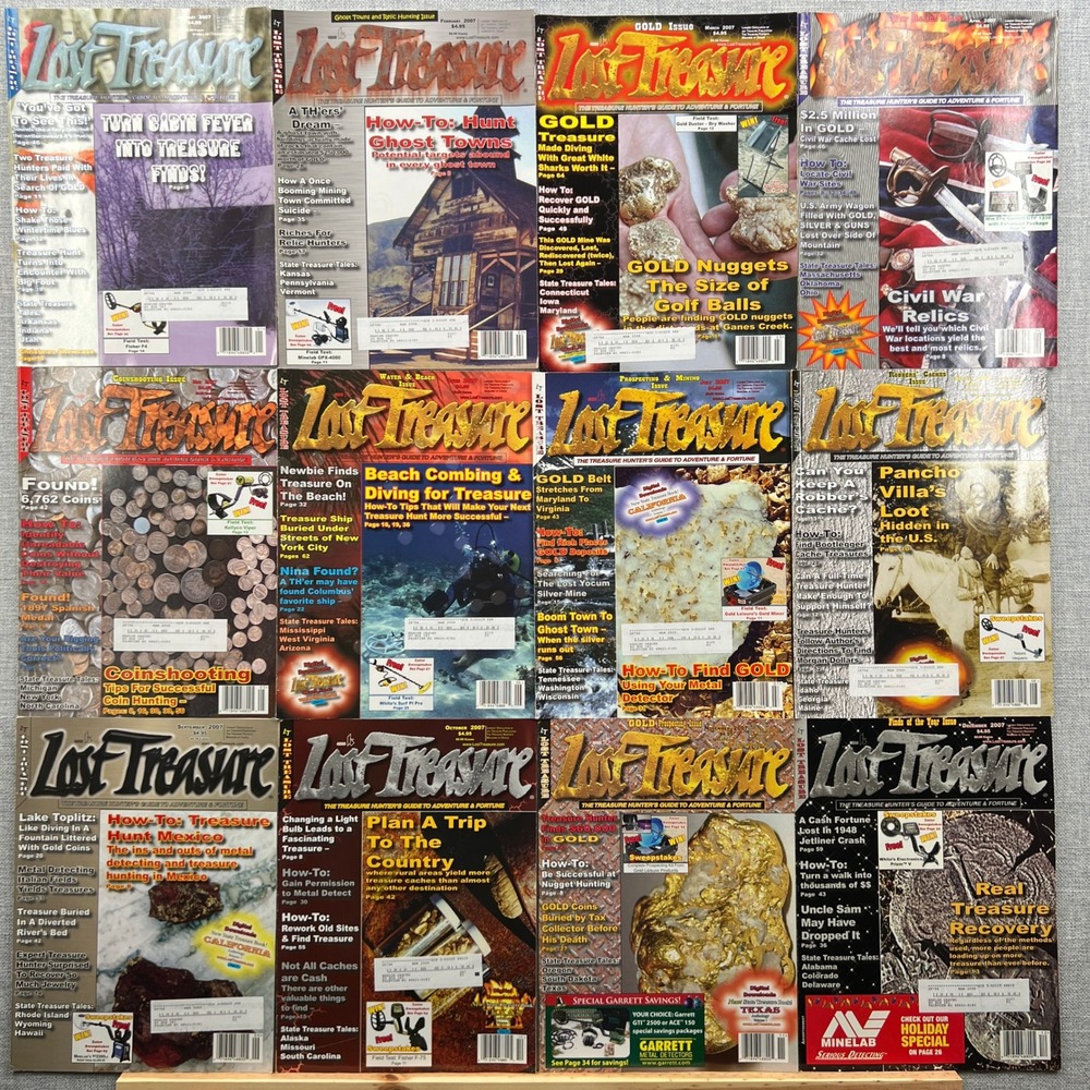 Lost Treasure Magazine Lot 2007 Full Year 12 Issues Multi Metal Detecting Hobby